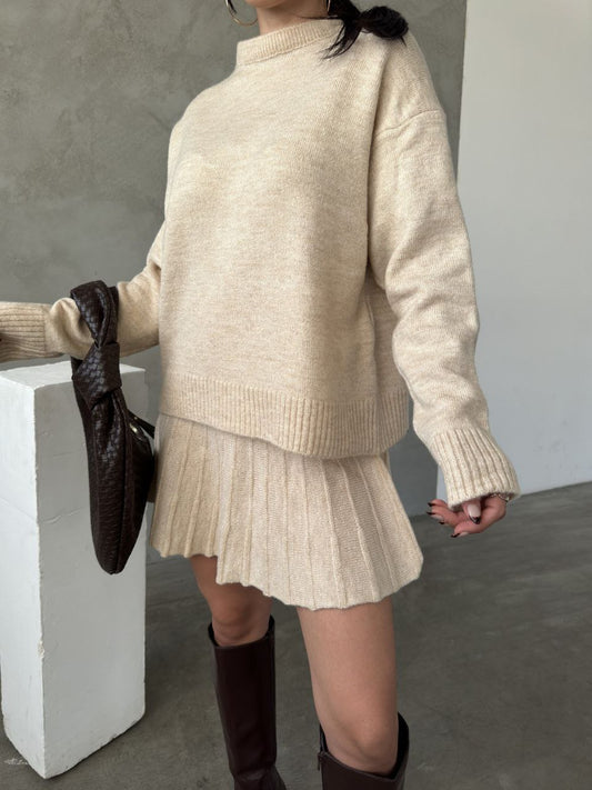 Compleu tricotat bluza si fusta crem